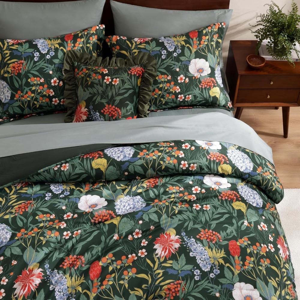 Green Botanical Floral King Comforter Set - 7-Piece Bedding Ensemble with Flower Print for King Bed