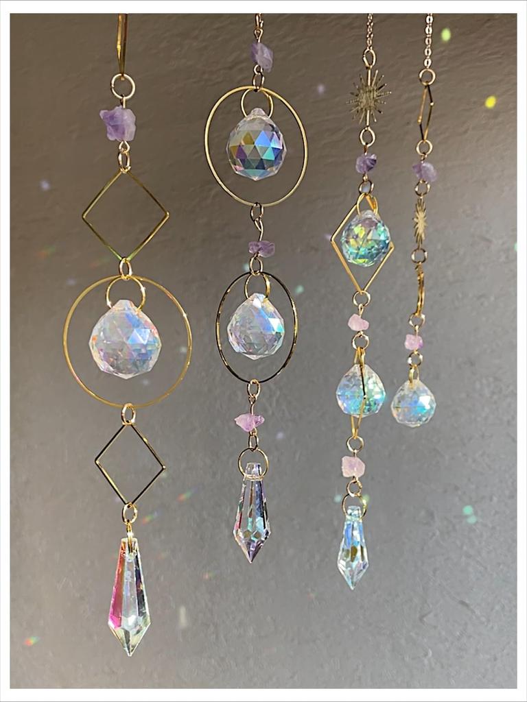 Flatland Suncatcher with Crystal and Amethyst - Set of 4 Natural Stones - Hanging Ornament - Power Stone - Cleansing - Feng Shui - Interior Decor - Gi