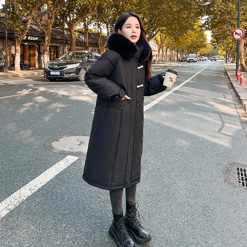 

Winter knee jacket medium and long new down cotton clothes women s thickened large fur collar fashion horn buckle S чёрный