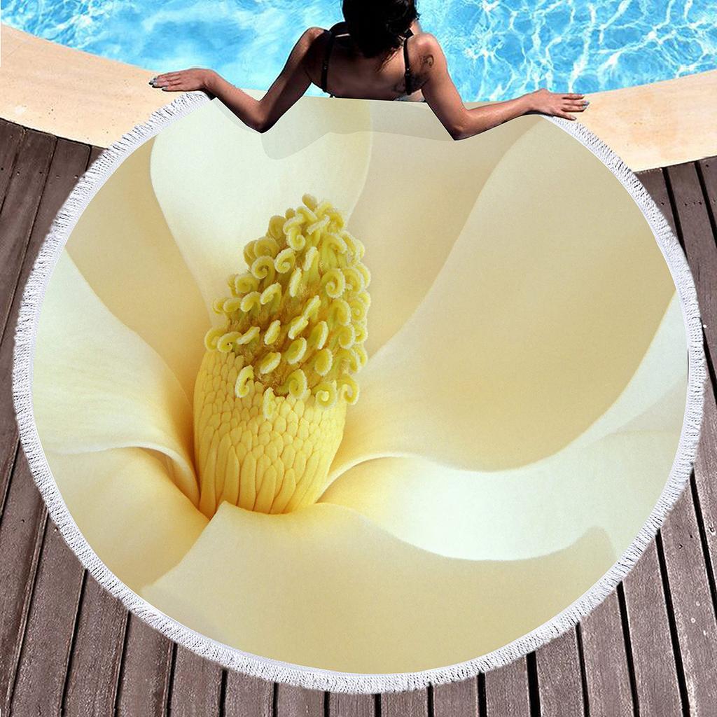 Elegant Magnolia Flower Round Beach Towel,Polyester Sand Resistant Shawl Beach Blanket,Absorbent Quick Dry Pool Towel Picnic Mat