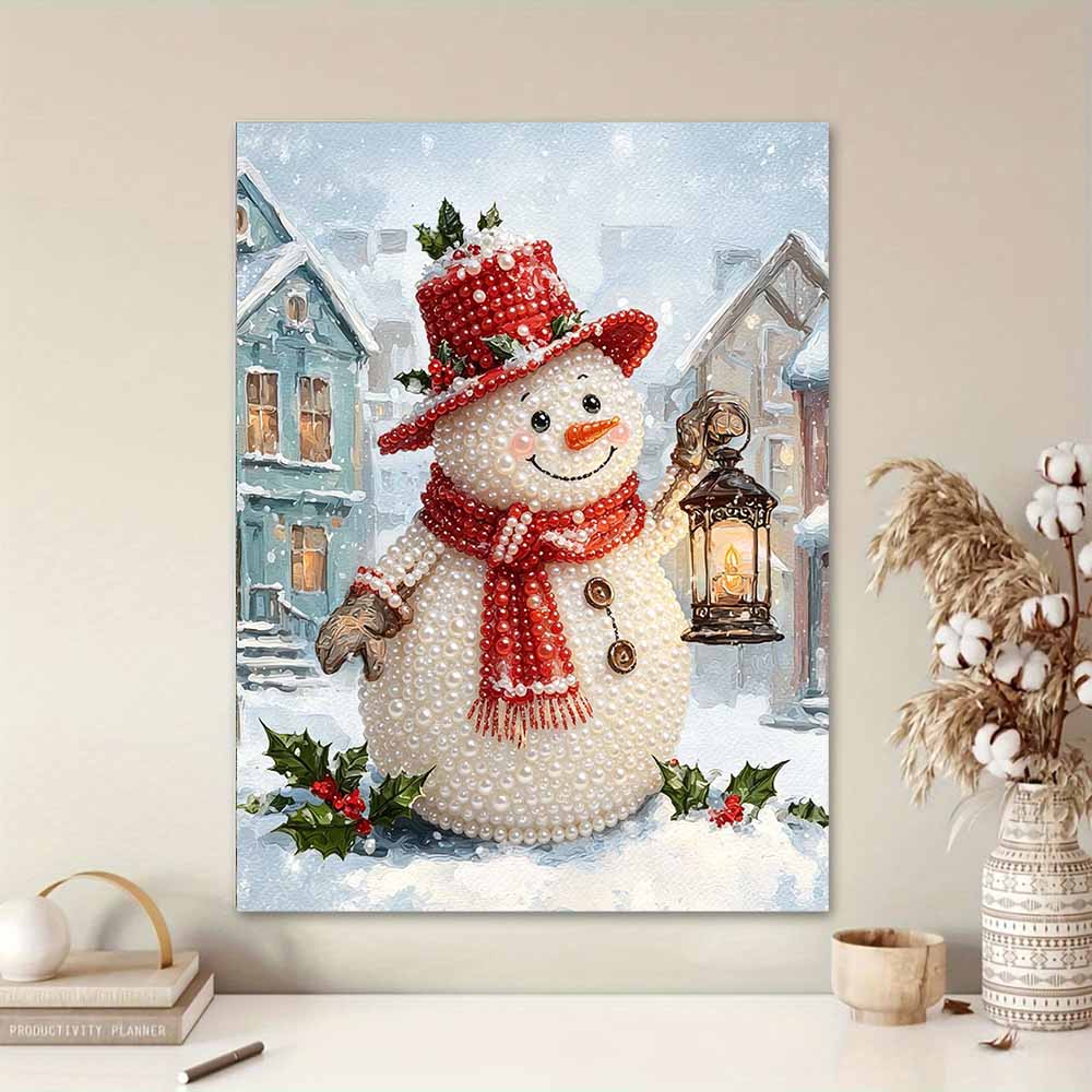 Pearl Painting DIY Kit Snowman with Lantern Frameless Handmade Bead Canvas Art Creative Leisure Craft for Bedroom Living Room Decor