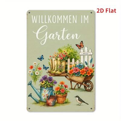 "Willkommen im Garten" Dekoratives Metallschild auf Deutsch - Charmante Wandkunst aus Eisen mit Blumen- und Vogeldesign, , Perfekt für H