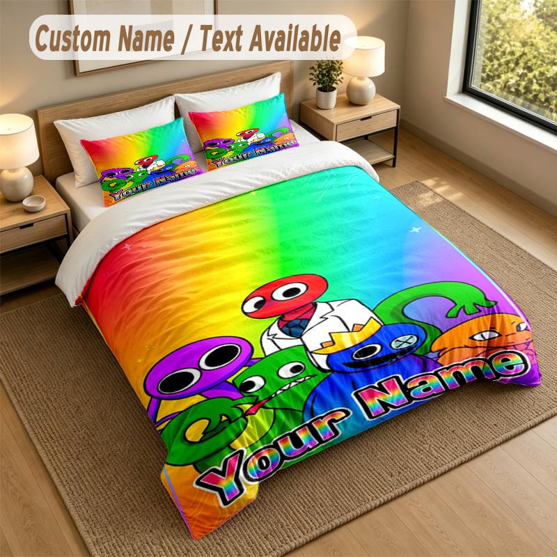 Custom Name Text Bedding 3Pcs Set,Rainbow Friends 1 Duvet Cover 2 Pillowcases Soft Bed Linen For Gift