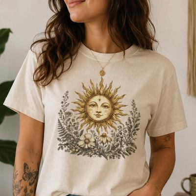 Boho Sun & Wildflower Shirt and Kids Tshirt | Vintage Celestial Botanical Graphic Tee | Cottagecore Nature T-Shirt and Kids Tshirt
