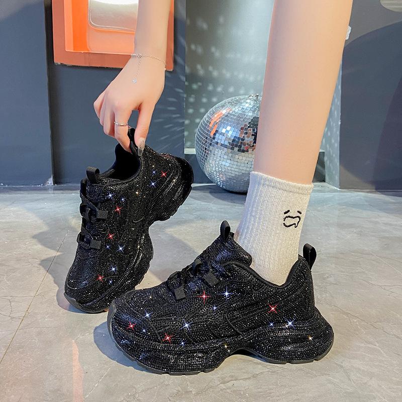 Starry Rhinestones Thick-soled Dad Shoes for Women Autumn and Winter Heavy-duty Hot Rhinestone Sports Shoes for Women