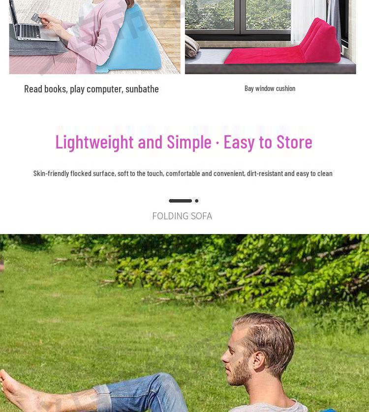 PVC Inflatable Beach Mat with Triangle Back Cushion, Portable & Moisture-Proof, Includes Pillow, Flocking, Folding Design for Single Person Use.