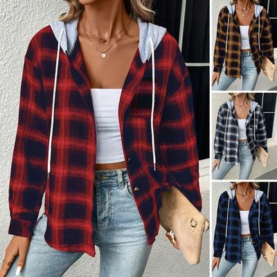 Otoño Invierno Mujer Sudadera Con Capucha Abrigo A Cuadros Color Sólido Costura Con Capucha Cordón Parche Bolsillo Manga Larga Sudadera De Un Solo Pecho Chaqueta