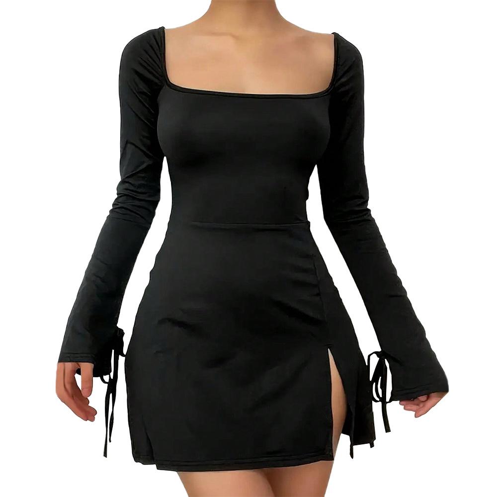 Europäischer & Amerikanischer Stil Rotes A-Linien-Kleid mit eckigem Kragen - Herbst/Winter Hohe Taille mit Schlitz