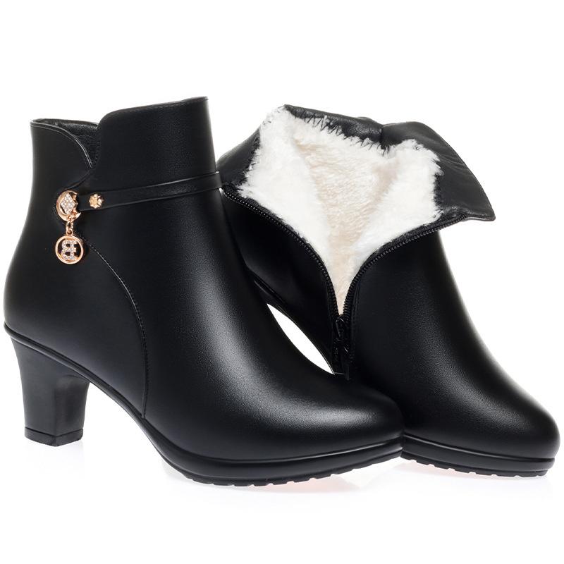 Herbst Winter Neue Hochhackige Kurze Stiefel Damen Dicke Absätze Stiefeletten Hoher Absatz Warme Baumwolle Plüsch Schneestiefel