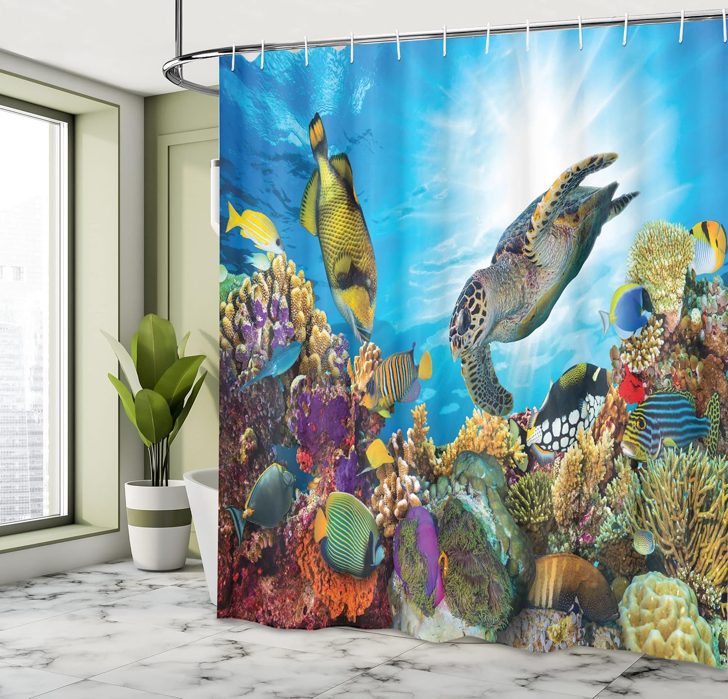 Textile Article Coral Ocean Shower Curtain With Hooks – Colorful Fish & Reef, Underwater Sea Life Theme For Vibrant Bathroom Decor