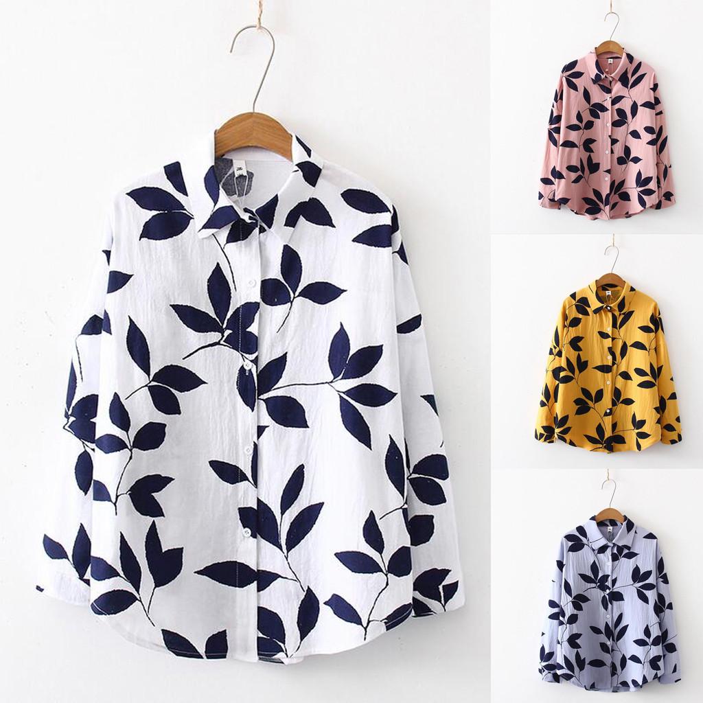 

Women Fashion Long Sleeve Leaf Print Korean Shirt Casual Loose Blouse