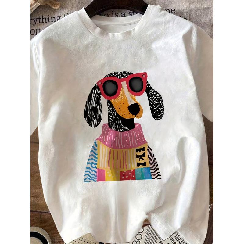 Evropská velikost 2026 Módní Nové Dámské Kulatý výstřih Potisk psů Stylové Letní Chladivé Krátký rukáv Ležérní Tričko