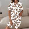 Women Plus Size Round Neck Short Sleeve Printed Longline Top Fitted Shorts Two Piece Pajama Set