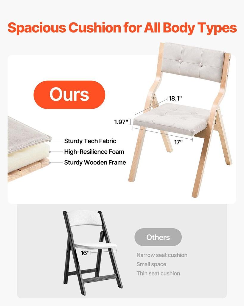 Wooden Folding Chairs with Padded Cushion and Wooden Frame Beige Set of 2