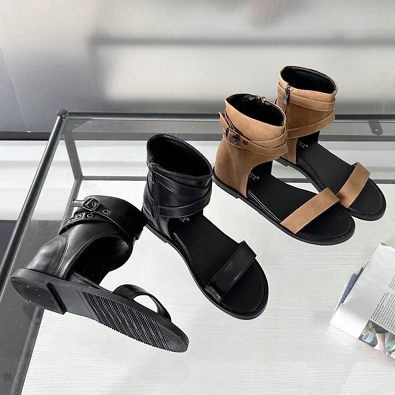 Fashion New Open Toe Ankle Boots Women Summer Fashion Rivets Belt Buckle Design Square Heel High-top Flat Sandals Elegant Leather Boots
