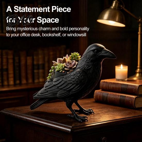 Weather Resistant Planter Crow Succulent Pot, Gothic Raven Plants Holder, Black Bird Pot for Home Decor, Desktop Landscaping Accessory Decorative