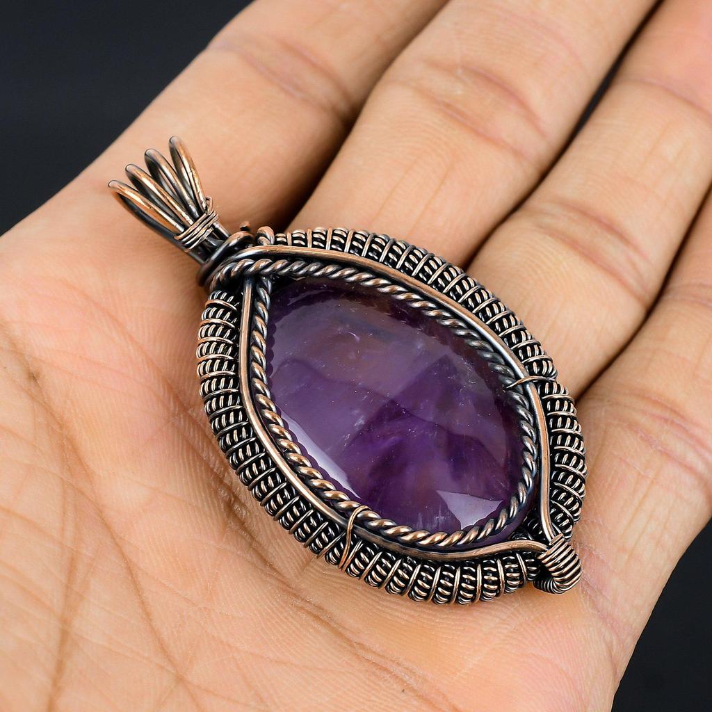Amethyst Pendant Gemstone Jewelry, 999 Copper Wire Wrapped Pendant, Gift For Women Handmade Pendant