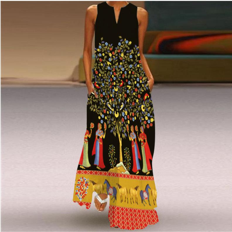 Kobiety Wiosna Sukienka Kaftan z Długim Rękawem w Kwiatowy Nadruk Plus Size Sukienki Maxi Vintage