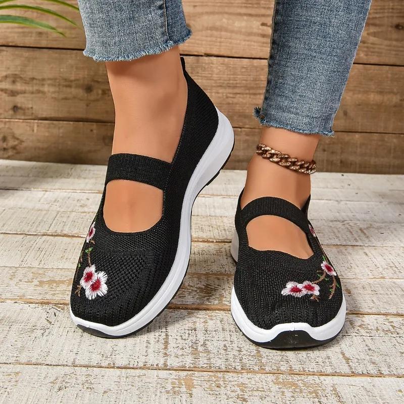 Fashion Ladies Shoes 2024 Elastic Band Women's Vulcanize Shoes Fashion Embroidered Ladies Casual Shoes Hot Sale Round Head Mesh Sneakers