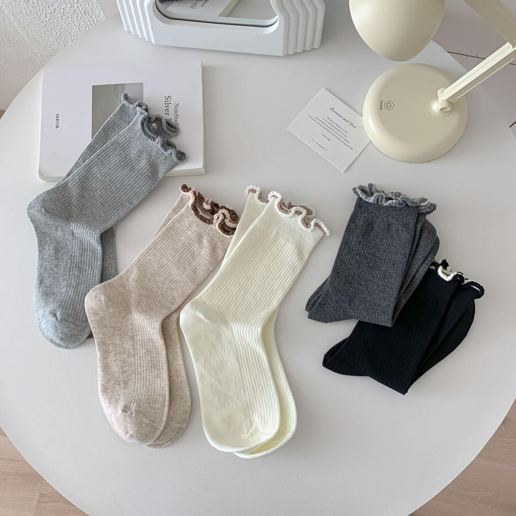 New Products Gentle And Warm Color Stacked Socks For Women Color Blocking Fungus Edge Lace Cotton Socks Boneless Socks