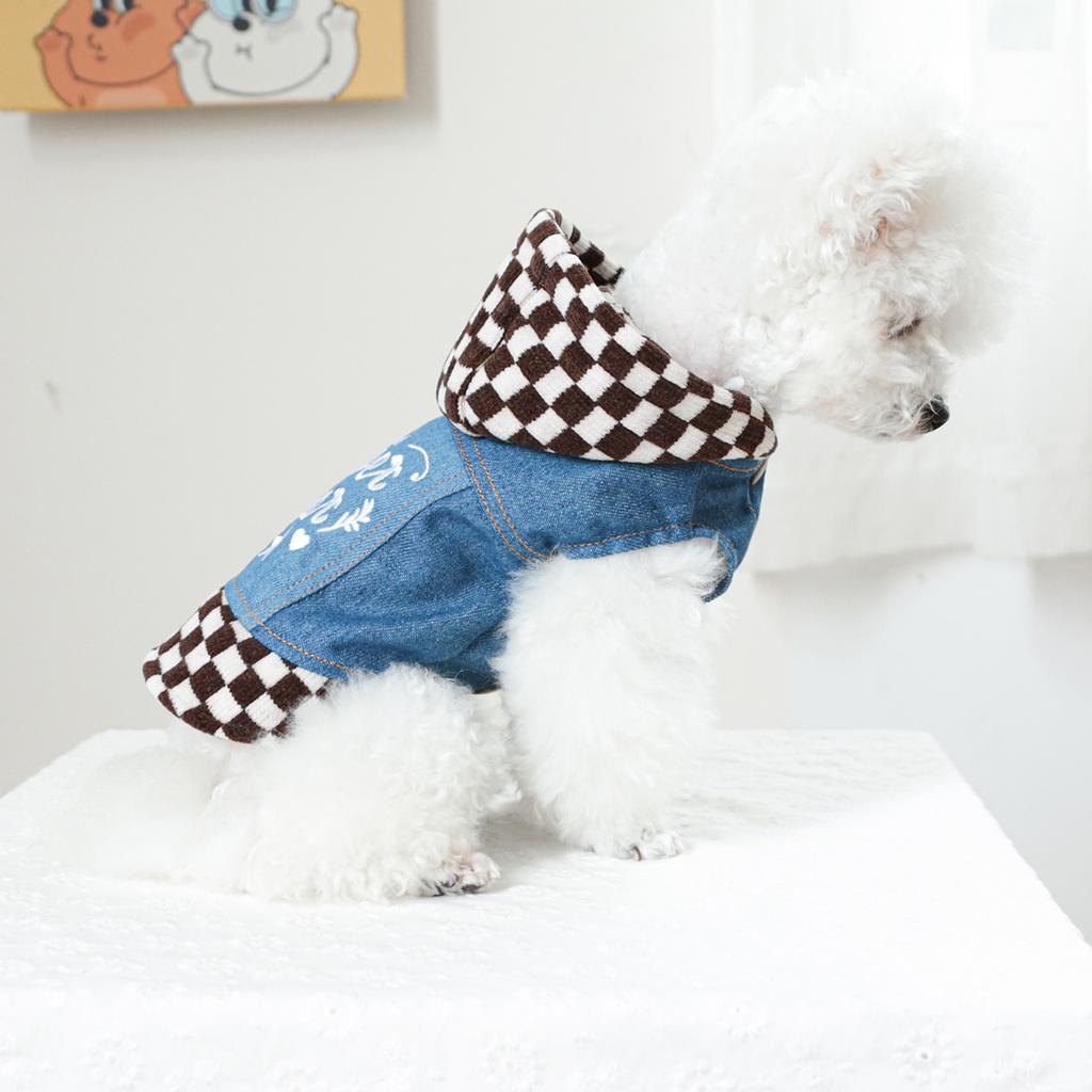 Pet Plaid Hooded Sweatshirt with Denim Splicing and Thickened Coat Clothing 3-color Plaid Denim Coat Dog Clothes for Small Dogs