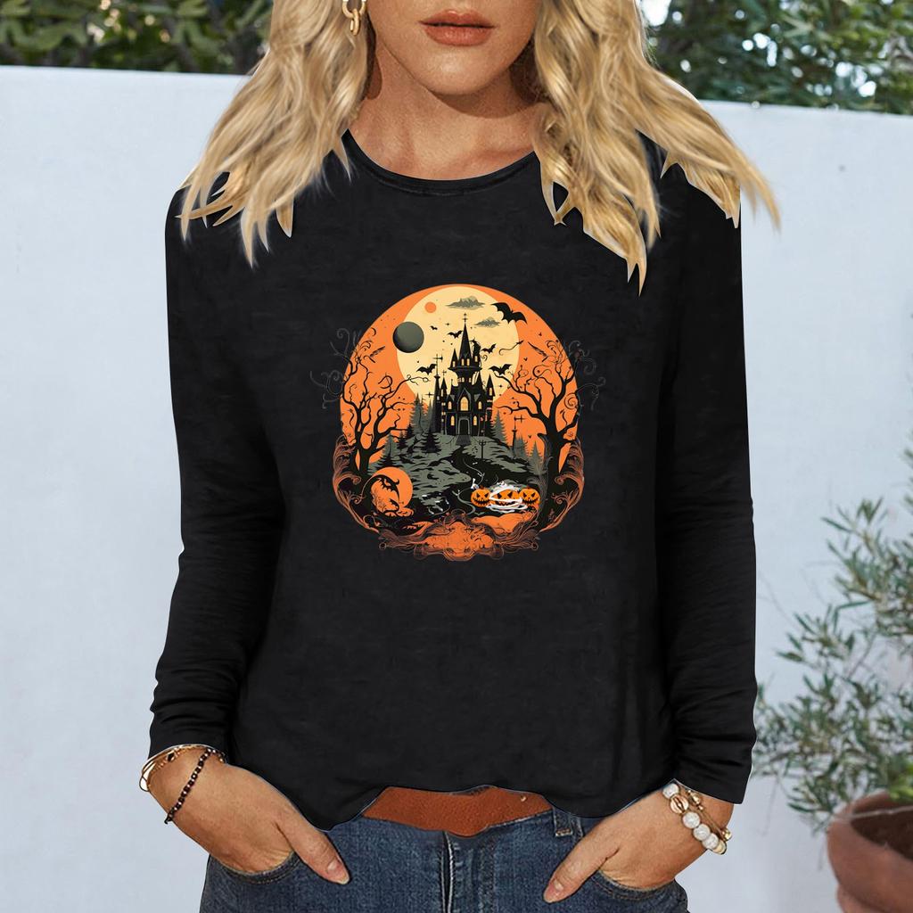 Women's Daily Casual Long-sleeved Flowers Printed Crew-neck Top