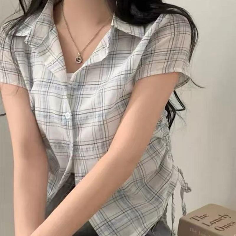 Women's Korean Style Plaid Short-Sleeve Shirt with Gathered Hem and Drawstring for a Youthful Look