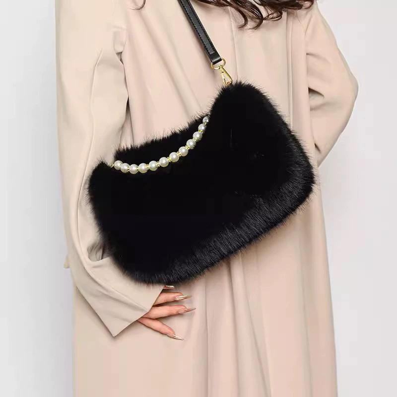 Winter Fashion Women's Faux Fur Shoulder Bags Candy Color Pearl Handle Crossbody Bag Small Fluffy Female Pillow Handbags