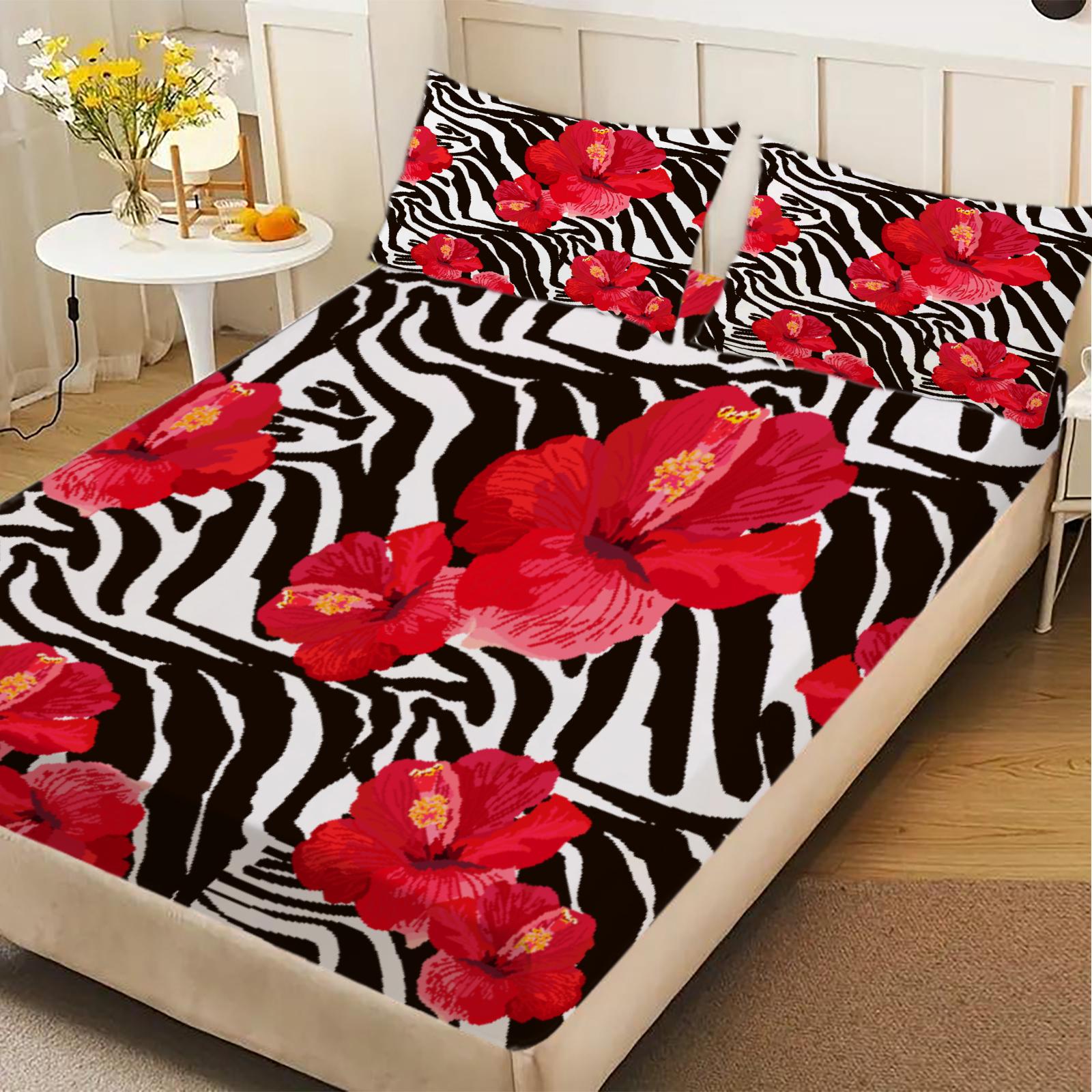 

3pcs Fitted Sheet Set Red Roses On Stripes Pattern Wrinkle Resistant Breathable Bed Sheet With Pillowcases For Bedroom Decor 99x190x25cm