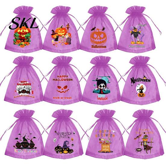 Gift Packaging Bag 12 Pcs Halloween Organza Candy Bag, Drawstring Treat Pouch with Pumpkin Ghost Bat Kids Pouches Print, Sheer Favor for Party Snacks,