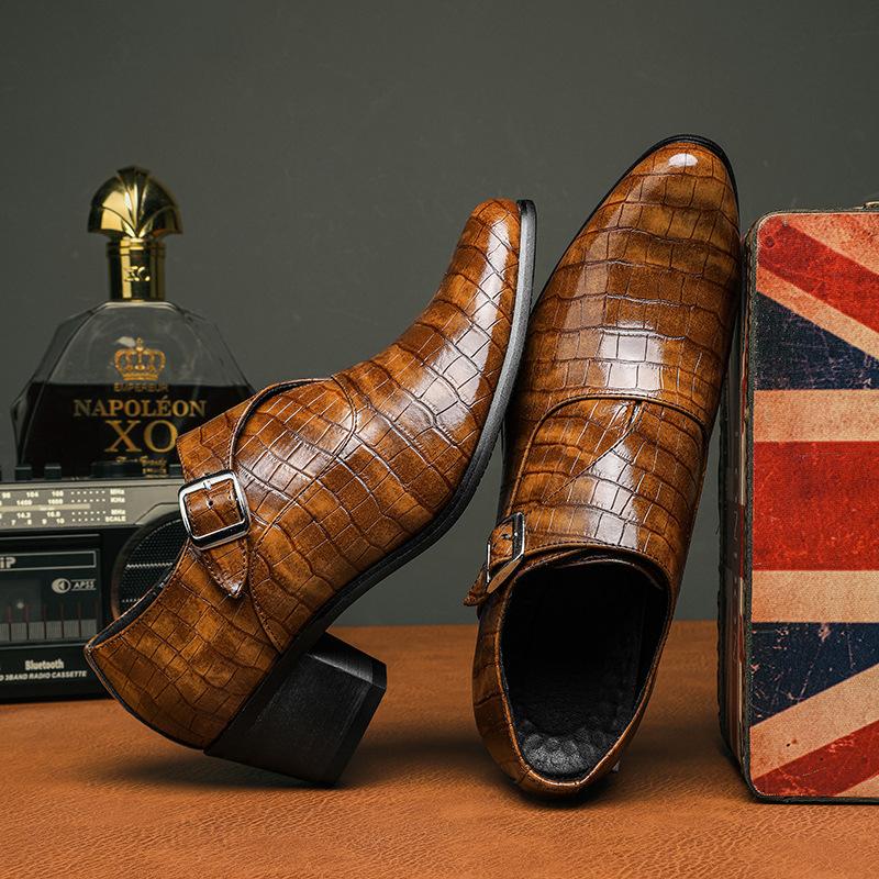 Fashionable 5cm Height Increase Stone Pattern British Casual Men's Leather Shoes