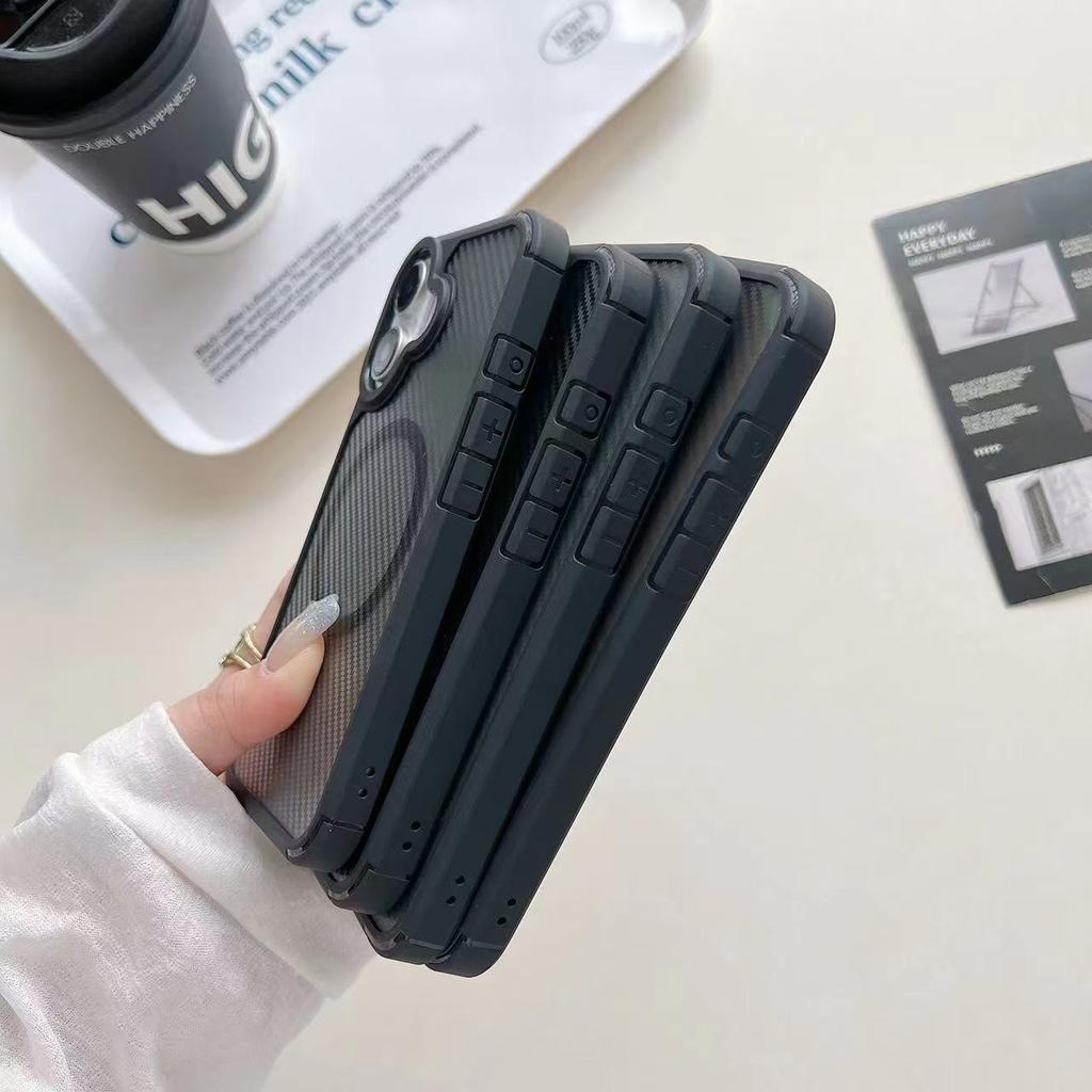 Luxury Carbon Fibre Magnetic Wireless Charging Phone Case for iPhone Samsung Translucent Bumper Cover