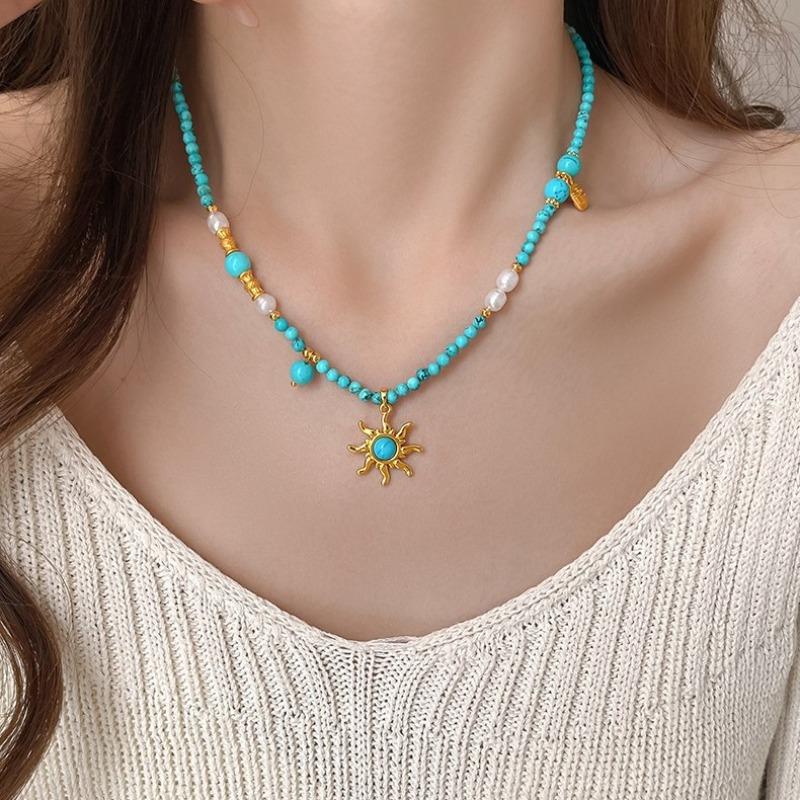 Textured 3mm Natural Stone Turquoise Freshwater Pearl Bamboo Joint Beaded Necklace for Women Titanium Steel Beads Choker