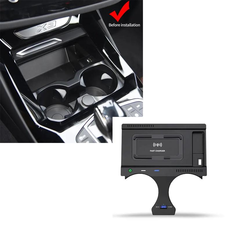 

Автомобильное беспроводное зарядное устройство для BMW X3 X4 2018 2019 2020 2021 2025 23 Быстрая зарядка мобильного телефона Установка в прикуриватель аксессуары
