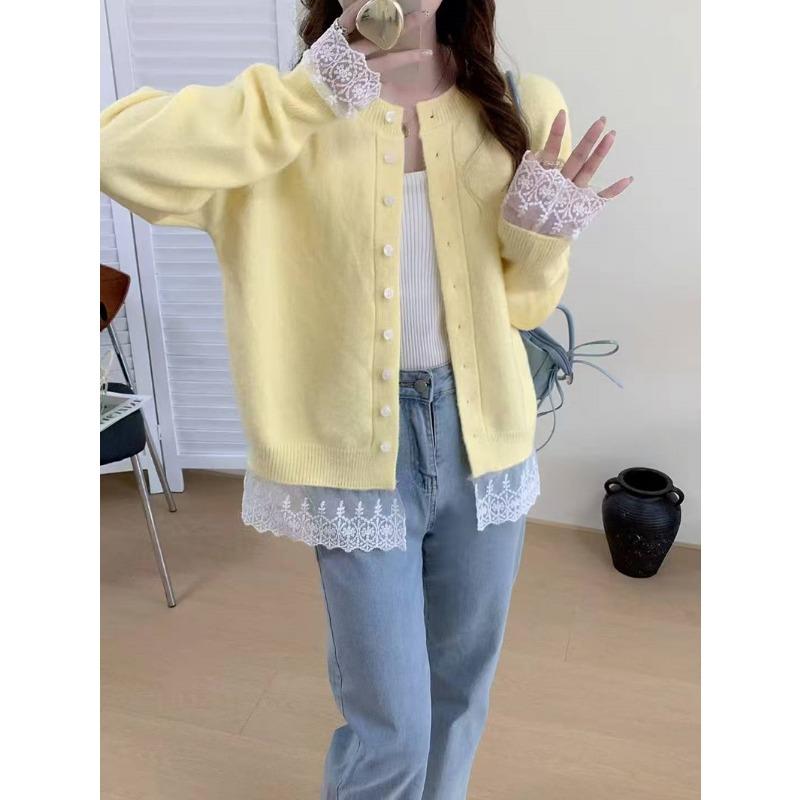 Autumn New Knitted Sweater Fashionable Versatile Splicing Lace Top Lace-up Design Cardigan Jacket Women