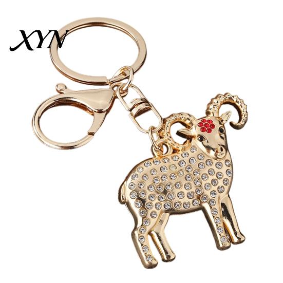 Rhinestone Goat Charm Golden Plated Keychain, Animal Shaped Zodiac Key Ring Metal Keyring Pendant, Handbags Backpack Decorative Accessories Pendant