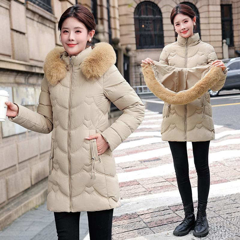 Medium and long down cotton-padded female slim-fitting and thin big fur collar down cotton-padded jacket