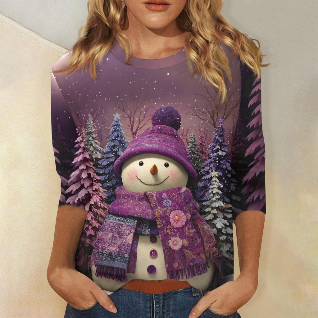 3/4 Sleeve Shirts For Women Print Christmas Tees Blouses Casual Plus Size Basic Tops Pullover