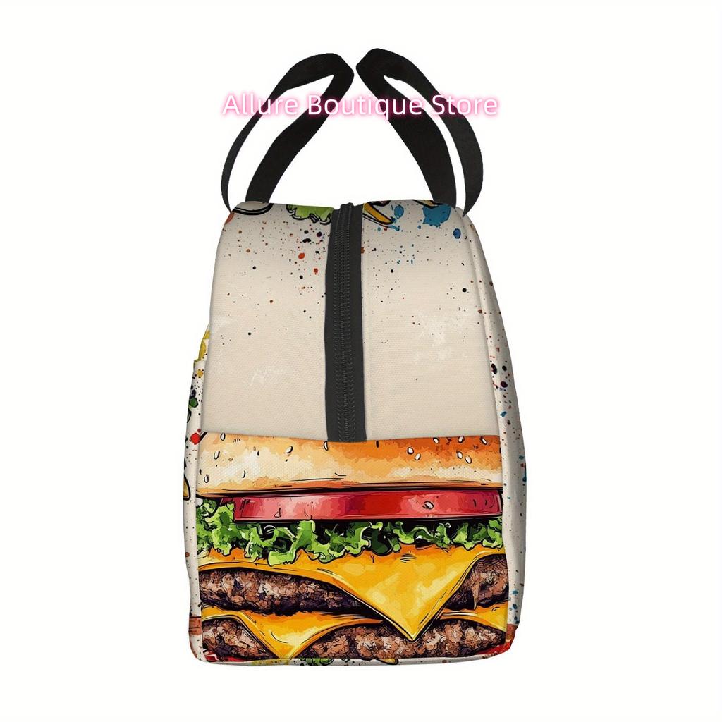 1pc Double Cheeseburger Print Insulated Thermal Bag - Vibrant Hamburger Design with Cheese, Lettuce, Tomato & Condiments, Non-Fo