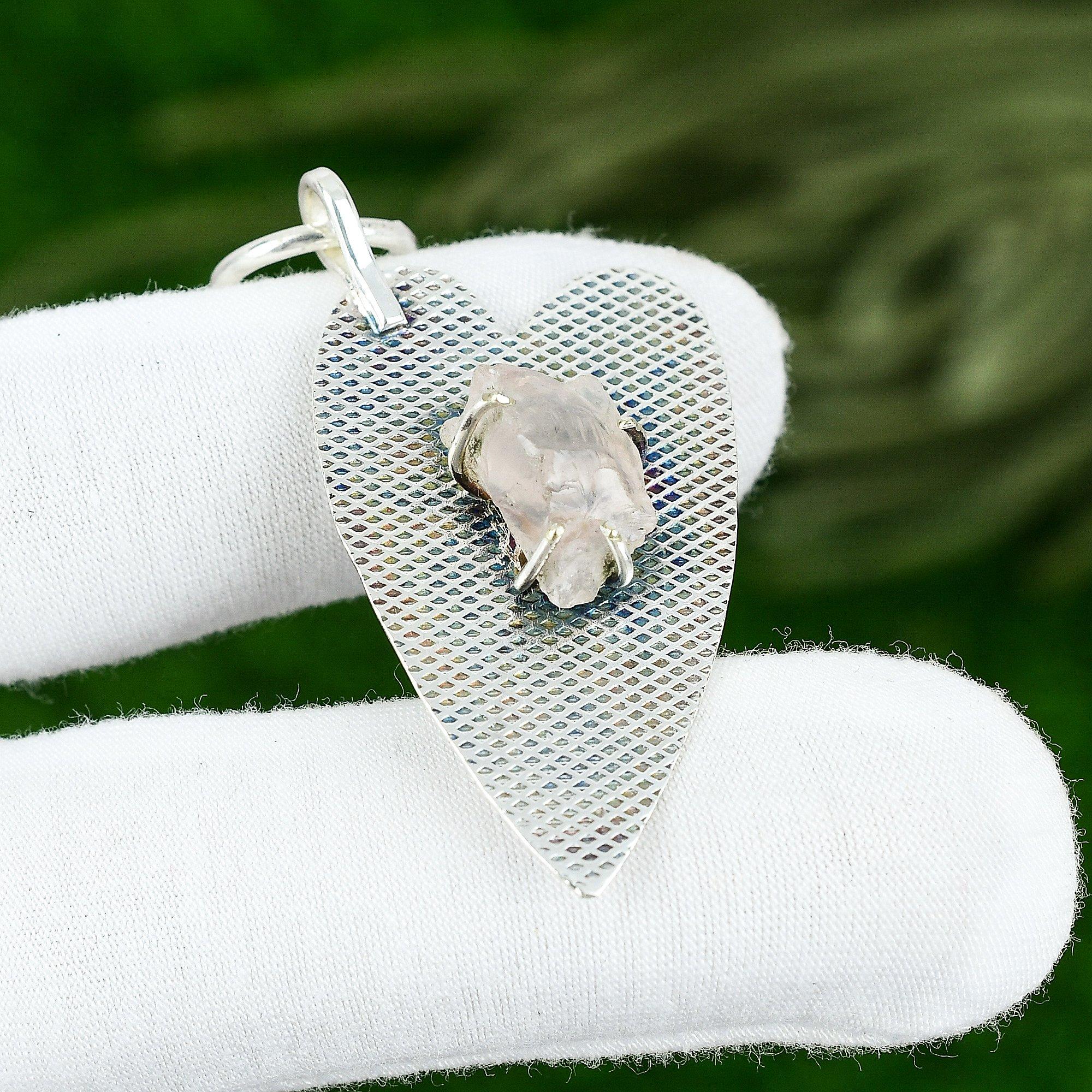 

925 Sterling Silver Rose Quartz Rough Stone Anniversary Bezel Pendant Jewelry