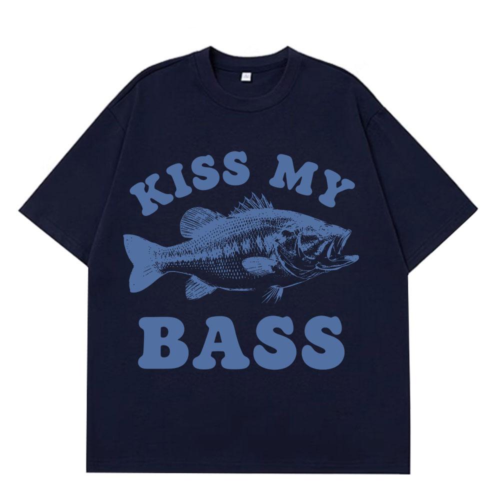 Retro Fishing T Shirt Kiss My Bass Funny Meme Tshirt Unisex Women Fashion Clothing T Shirt Summer Cotton Casual Harajuku Tshirts