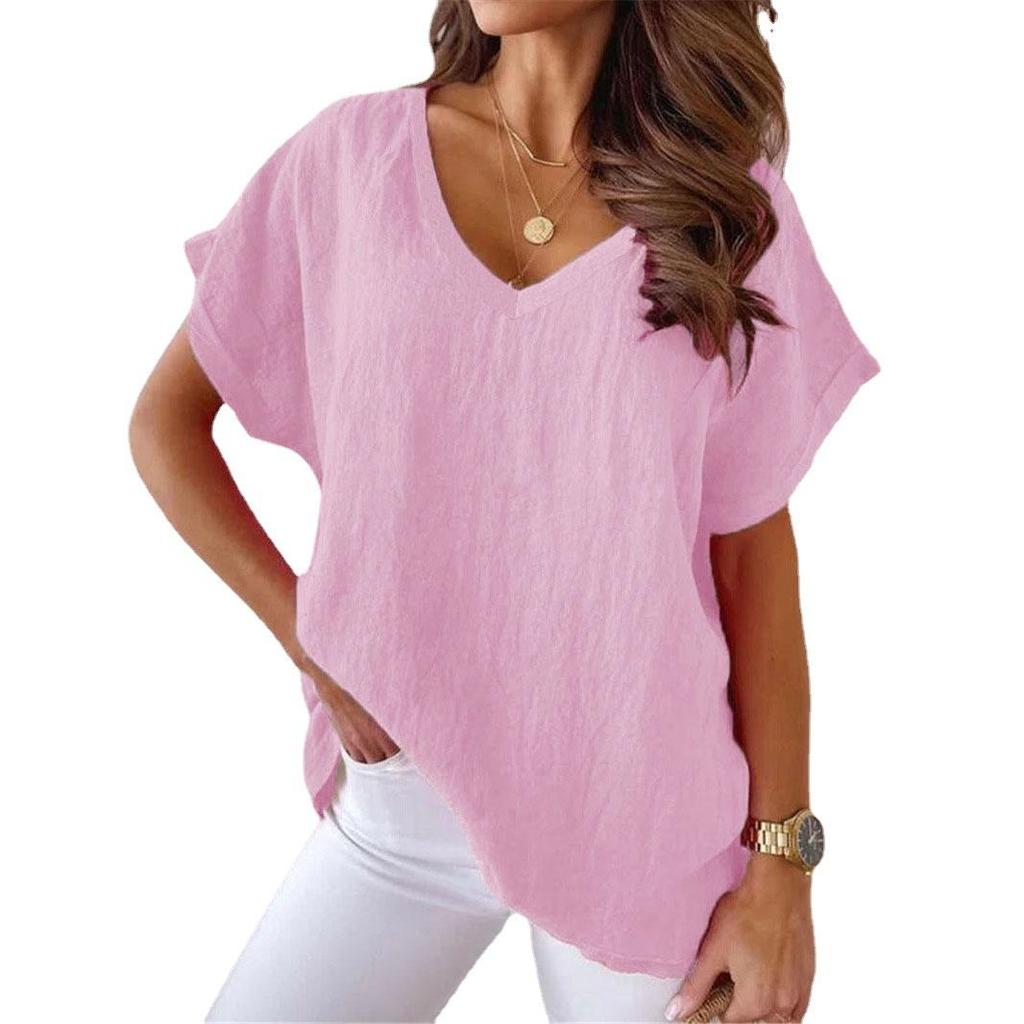 Sommar Kvinnors Bat Kortärmad V-hals Enfärgad Casual T-shirt