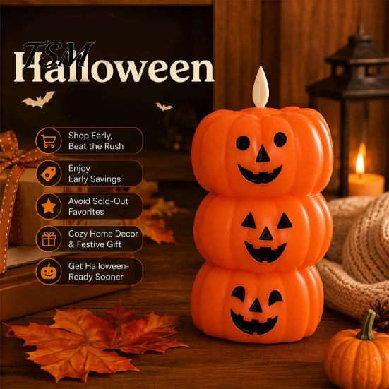 Stacked Pumpkin Lantern Halloween Flameless Fake Candle, Battery Operated Pumpkin/Ghost Candle Light, Fireplace Light LED Flickering Pillar for Dinner