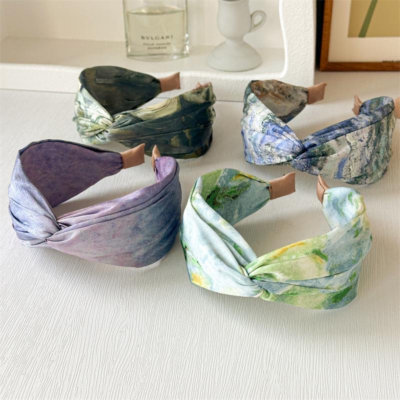 New Fashion Decorate Hair Hoop For Women Artistic Headwear Oil Painting Cross Knot Wide Headband Elegant Thick Hair Accessories