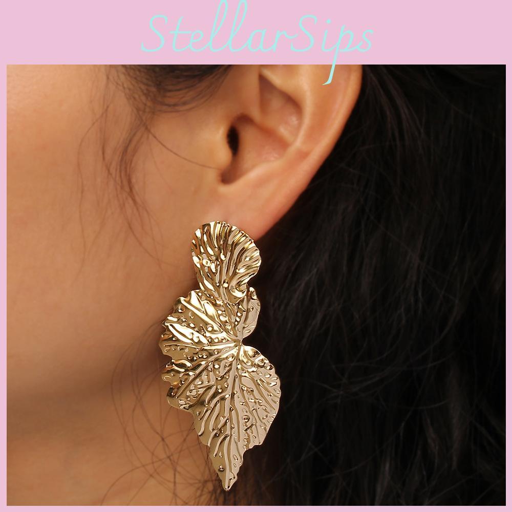 Metal Leaf Earrings With Gold Coating And Bold Design For Holidays And Celebrations