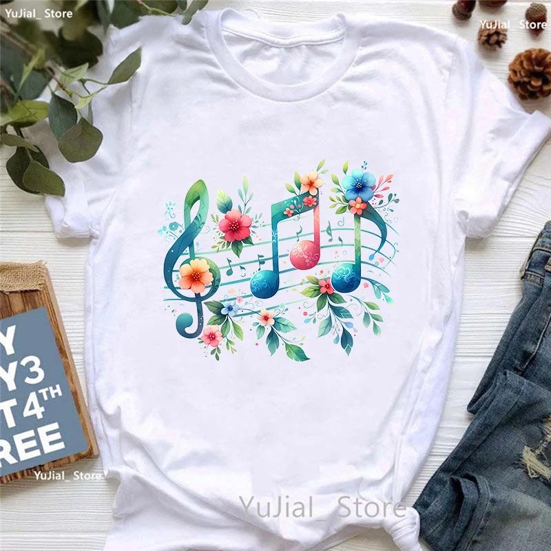 Watercolor Music Note Flowers Print T Shirt Girls Summer Fashion Tshirt Womem Hip Hop Tshirt Femme Harajuku Shirt Streetwear