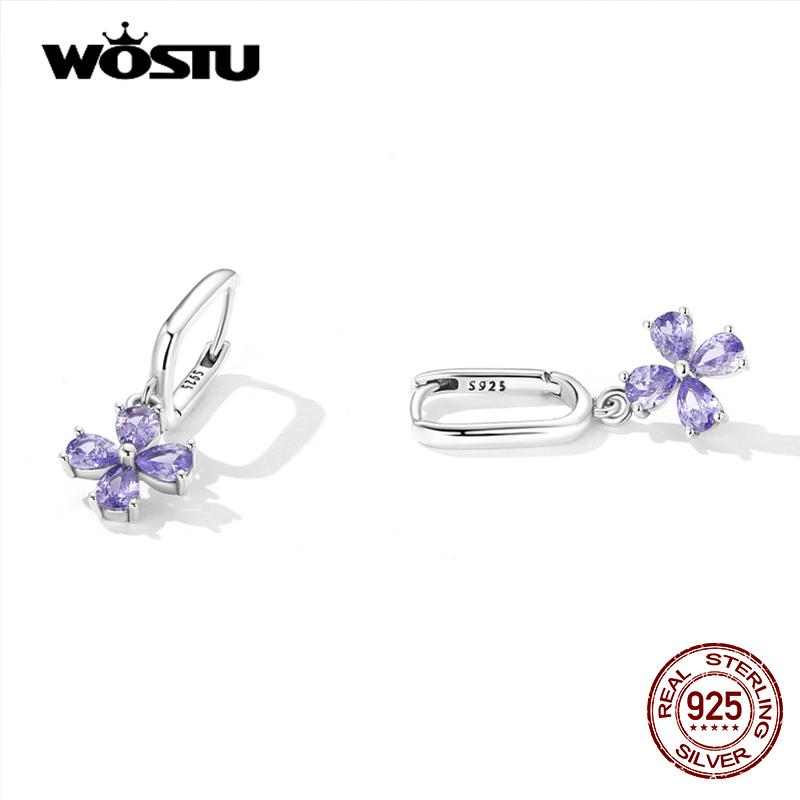 WOSTU Real 925 Sterling Silver Purple Flower Heart Cross Drop Earrings for Women Trendy Zircon Earrings Fine S925 Jewelry Gifts