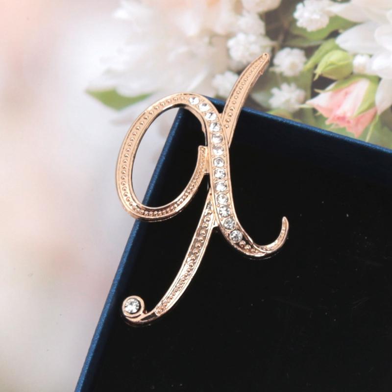 Fashion Women Rhinestone Brooch A-Z English Letter Gold Color Metal Pins Crystal Alphabet Jewelry Shirt Clothes Accessories Gift