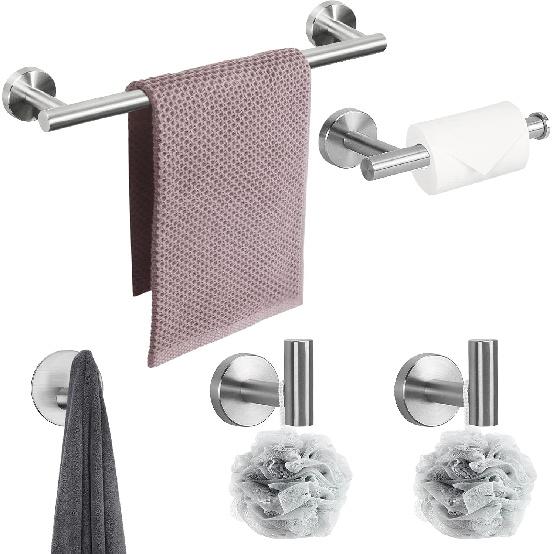 NearMoon 5 Pcs Bathroom Hardware Set SUS 304 Thicken Stainless Steel-Towel Bar Set Include 16" Towel Rod+Toilet Paper Holder+3 Multifunctional Hooks