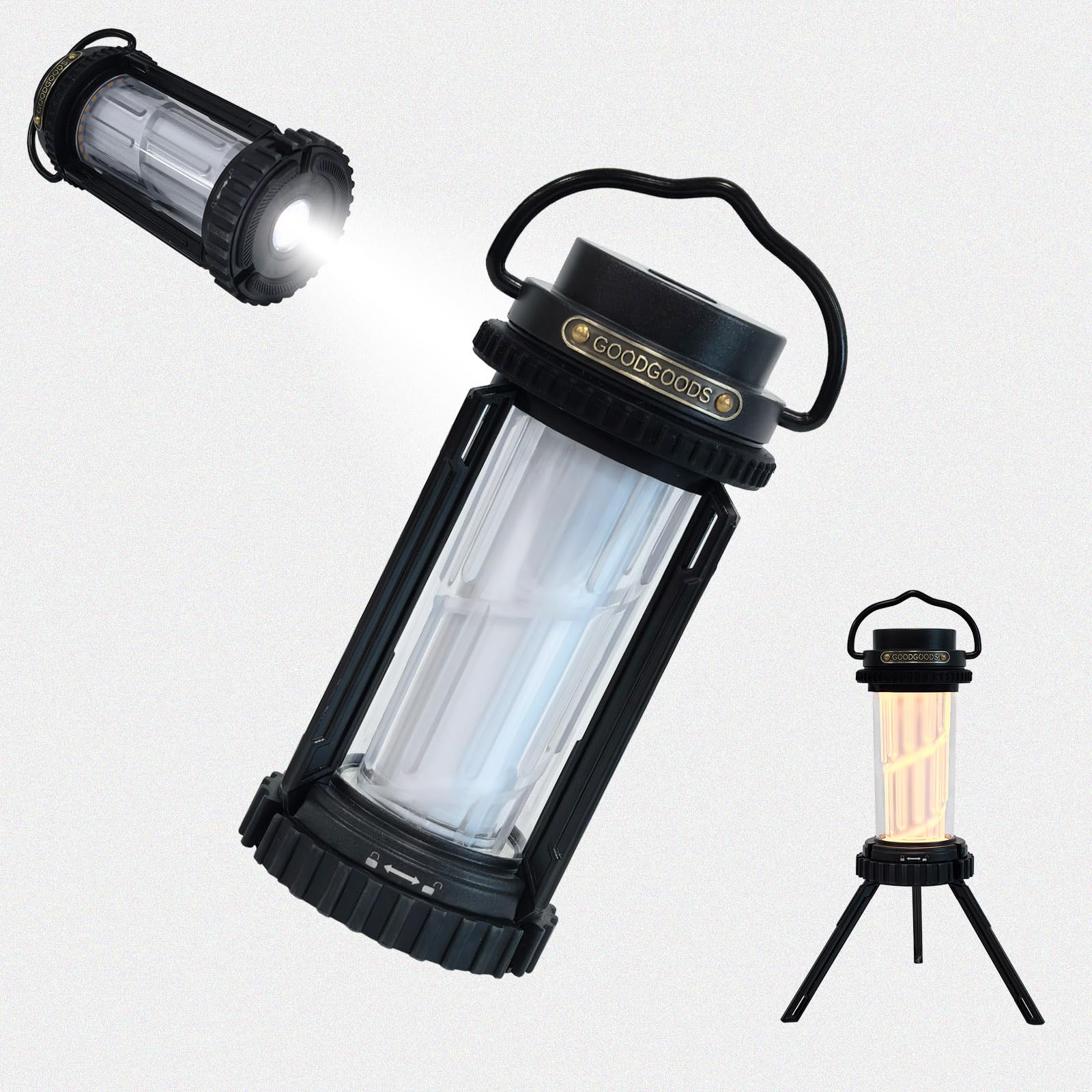 

GOODGOODS DS-01G Rechargeable LED Lantern with Tripod Stand, Magnet, Camping Light, Up to 38 Hours of Light, 5 Dimmable Modes, Waterproof, Outdoor Lan